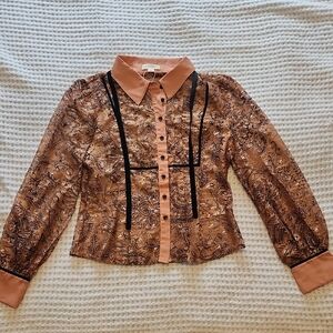 Honey Punch Peach Lace and Black Velvet Detailed Button Down Shirt, Large, New